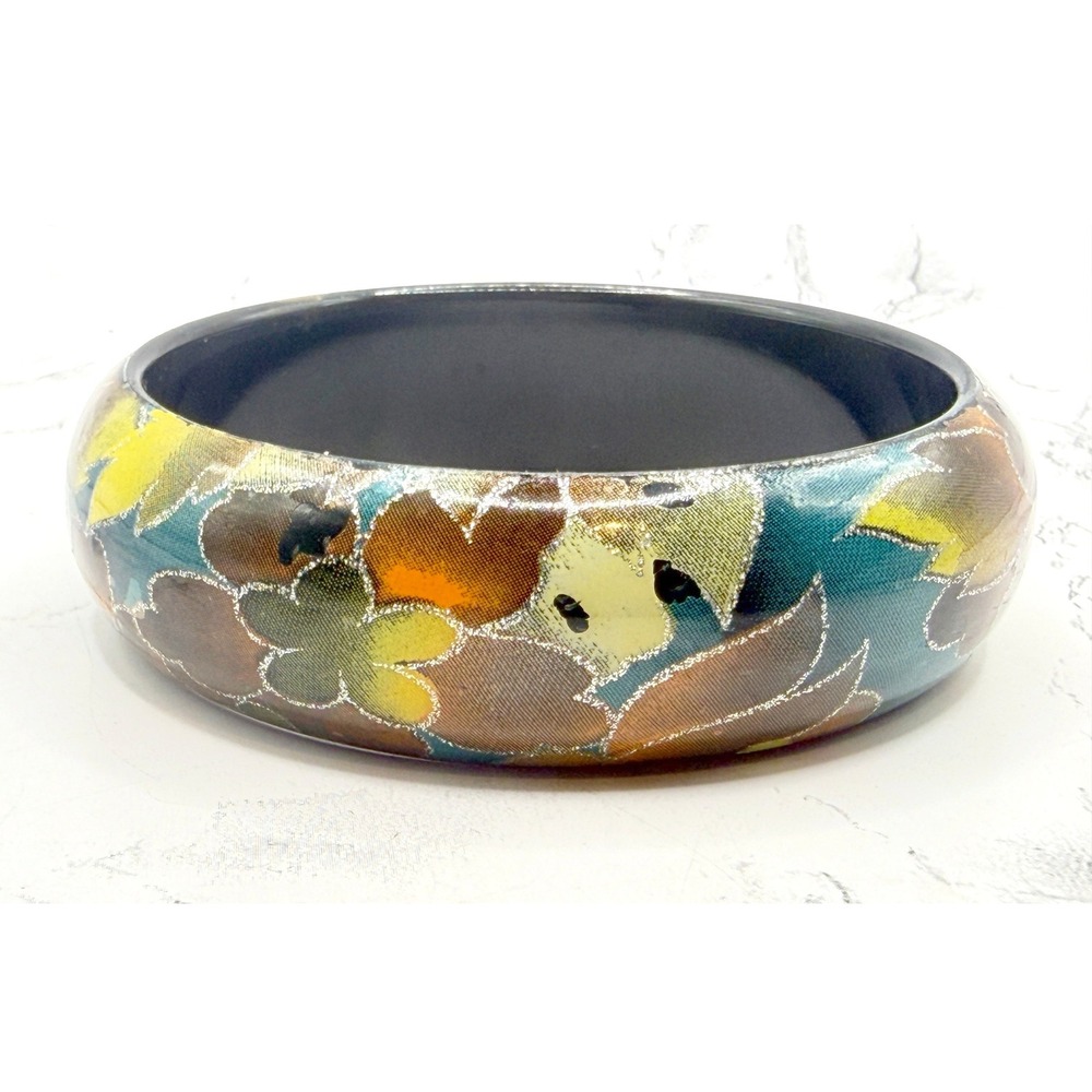 Vintage Acrylic Floral Bangle Bracelet Metallic Highlights 8.5 Inch Retro